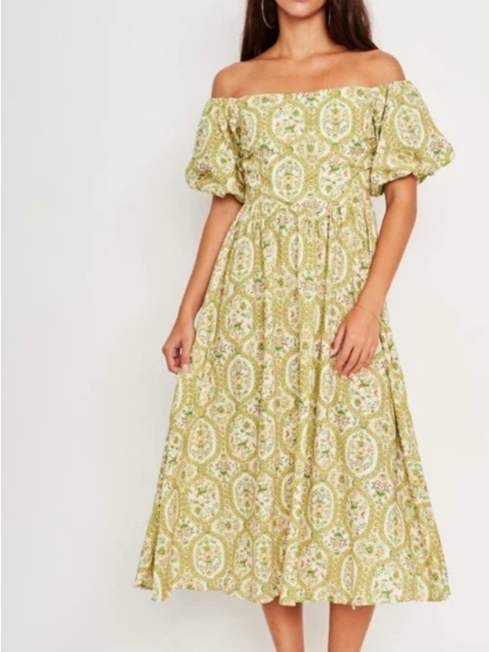 NWTs Off-Shoulder Floral Midi Dress in Sage Green